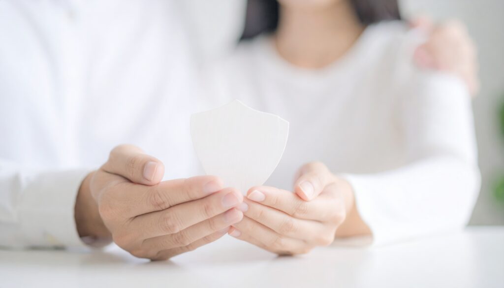 In the foreground there are two hands holding a small shite shield. The hands belong to two different people whose torsos can be seen in the background. They are dressed in white and one of them has the arm around the other.
